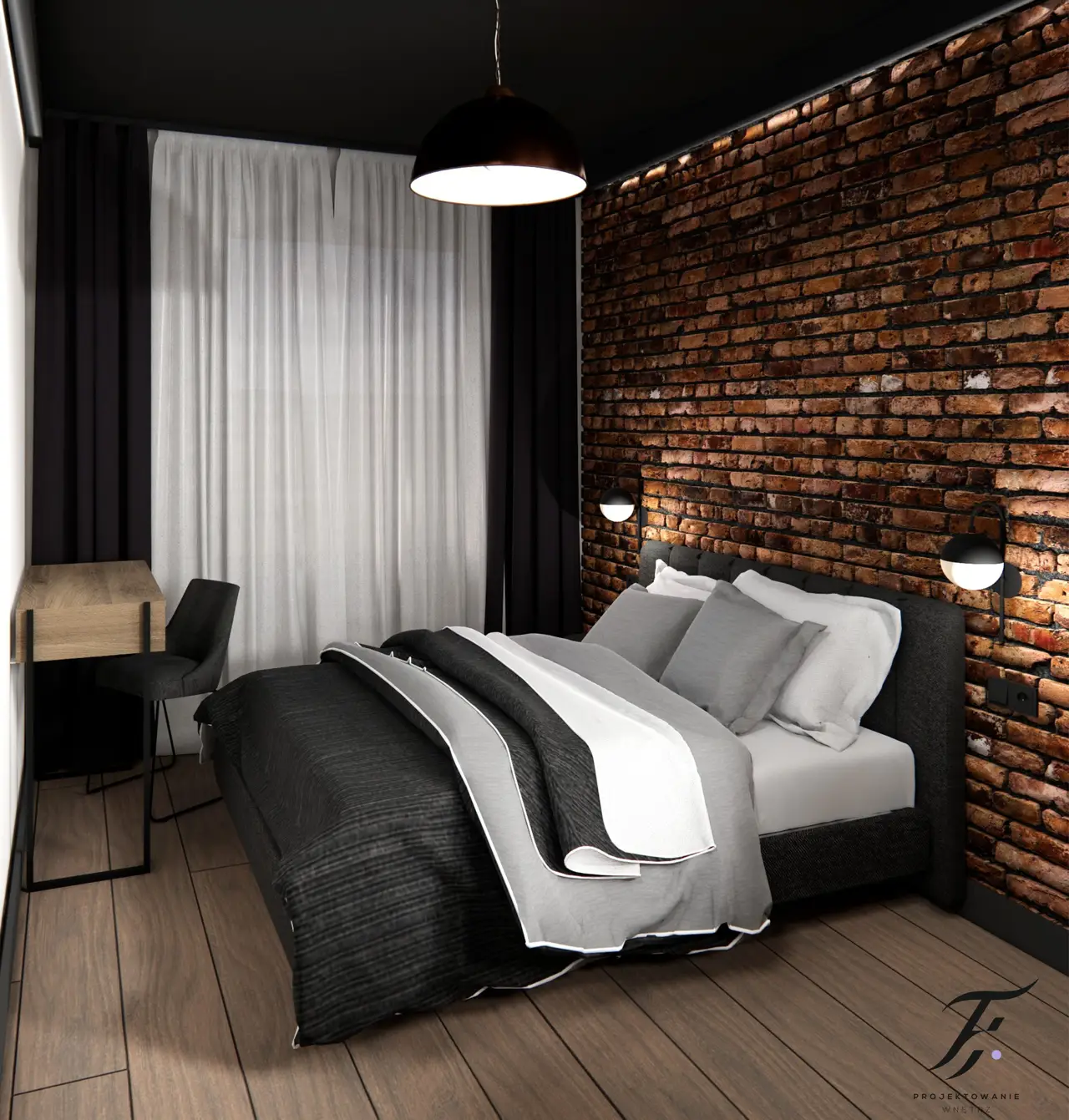 czarna sypialnia z cegłą